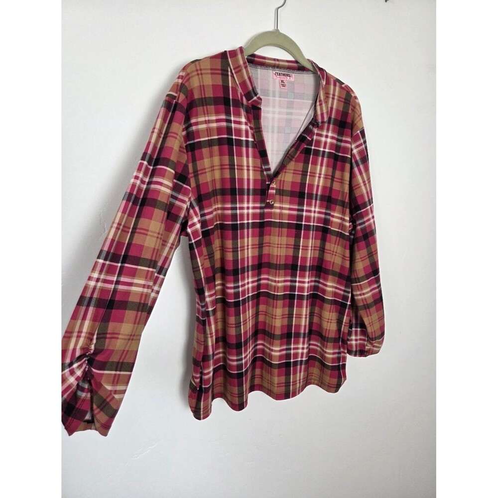 Feathers Maternity Top Popover Pink Plaid Checked Pregnancy Flannel Comfy XL